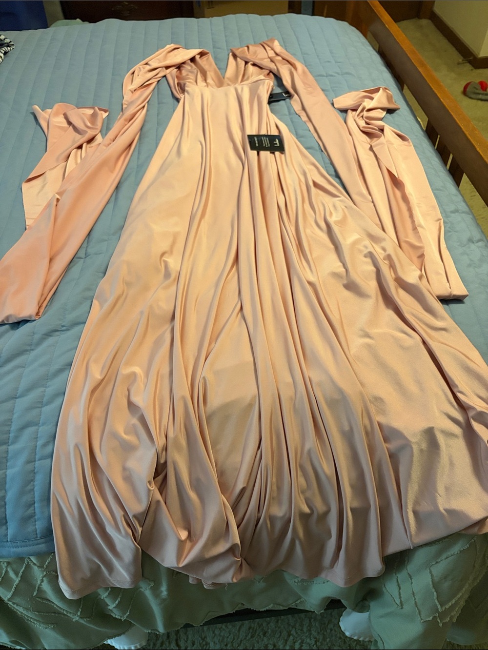 Lulu's Pale Blush Satin Maxi Dress with Wrap Straps
